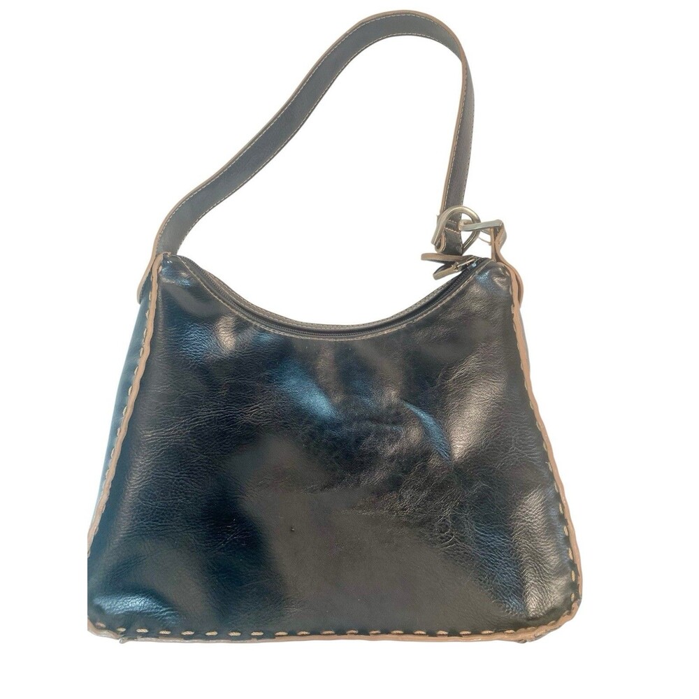 Womens Black Brown Whipstitch  Handbag Purse Shoulder Bag Dbl Zip Soft - Picture 3 of 5